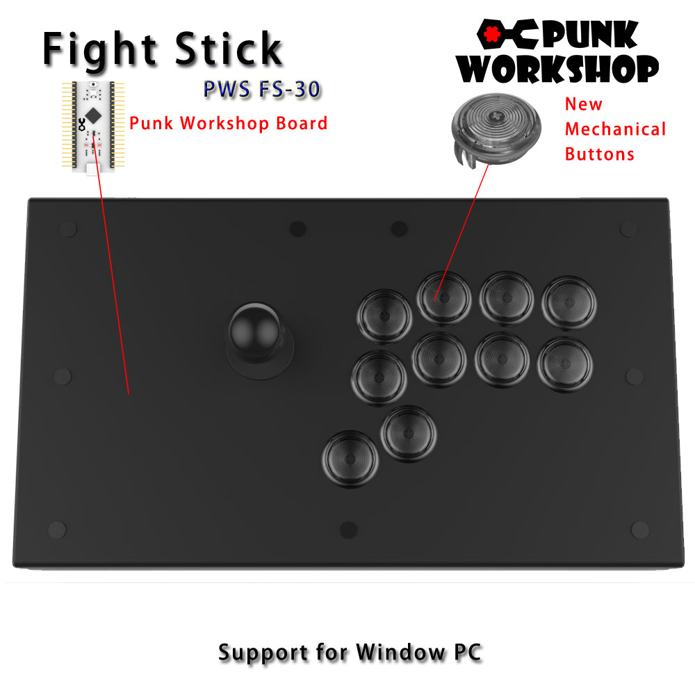 Punk Workshop Fight Stick PWS FS-24 Arcade Fighting Stick with Punk Workshop 24mm Mechanical Buttons for SF6 MAME Game Machine